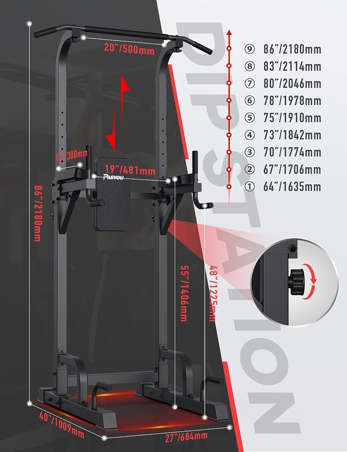 PASYOU Power Tower Pull Up Bar Stand 9 Levels Adjust Workout Dip Station for Home Gym Strength Training Equipment