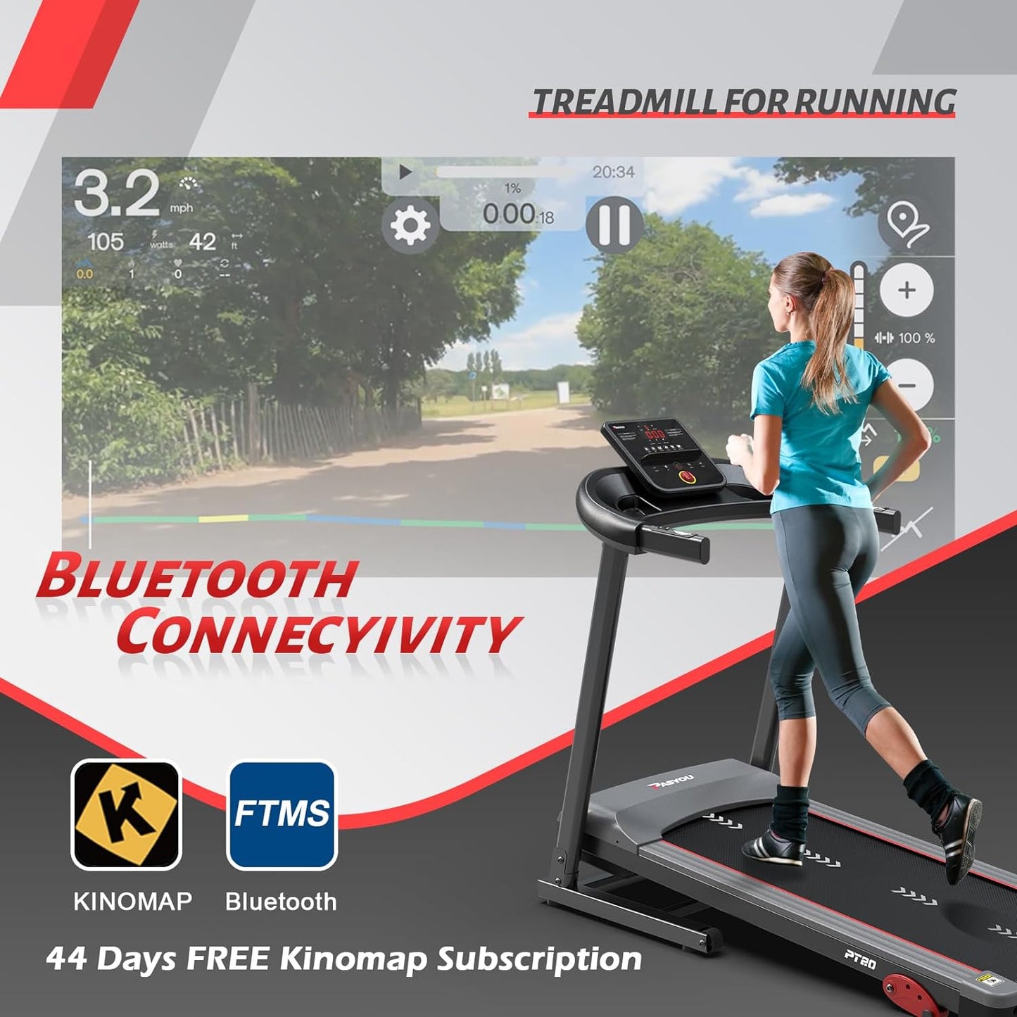 PASYOU PT20G Foldable Treadmill for Home - with Bluetooth Connectivity,Compact Treadmill with 15 Pre Programs Heart Rate Monitor Plus 44 Days Free Kinomap Membership