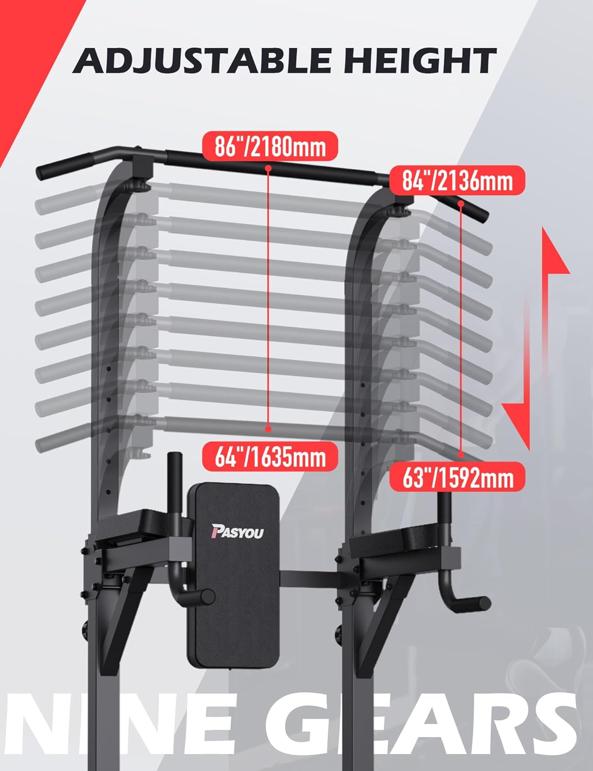 PASYOU Power Tower Pull Up Bar Stand 9 Levels Adjust Workout Dip Station for Home Gym Strength Training Equipment