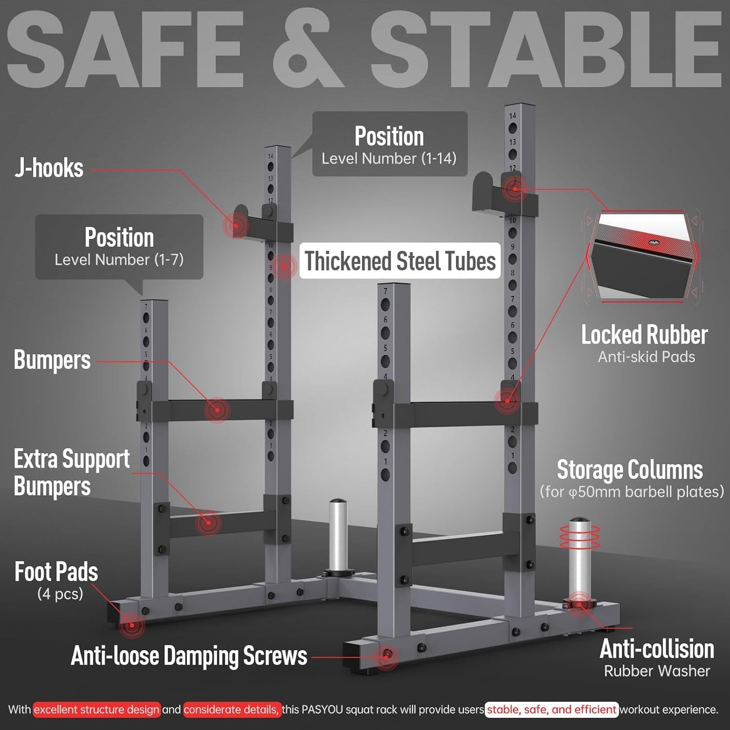 PASYOU SR30 Squat Rack for Home Gym with Max Load 1800 lbs for Bumpers and 600 lbs for J Hooks