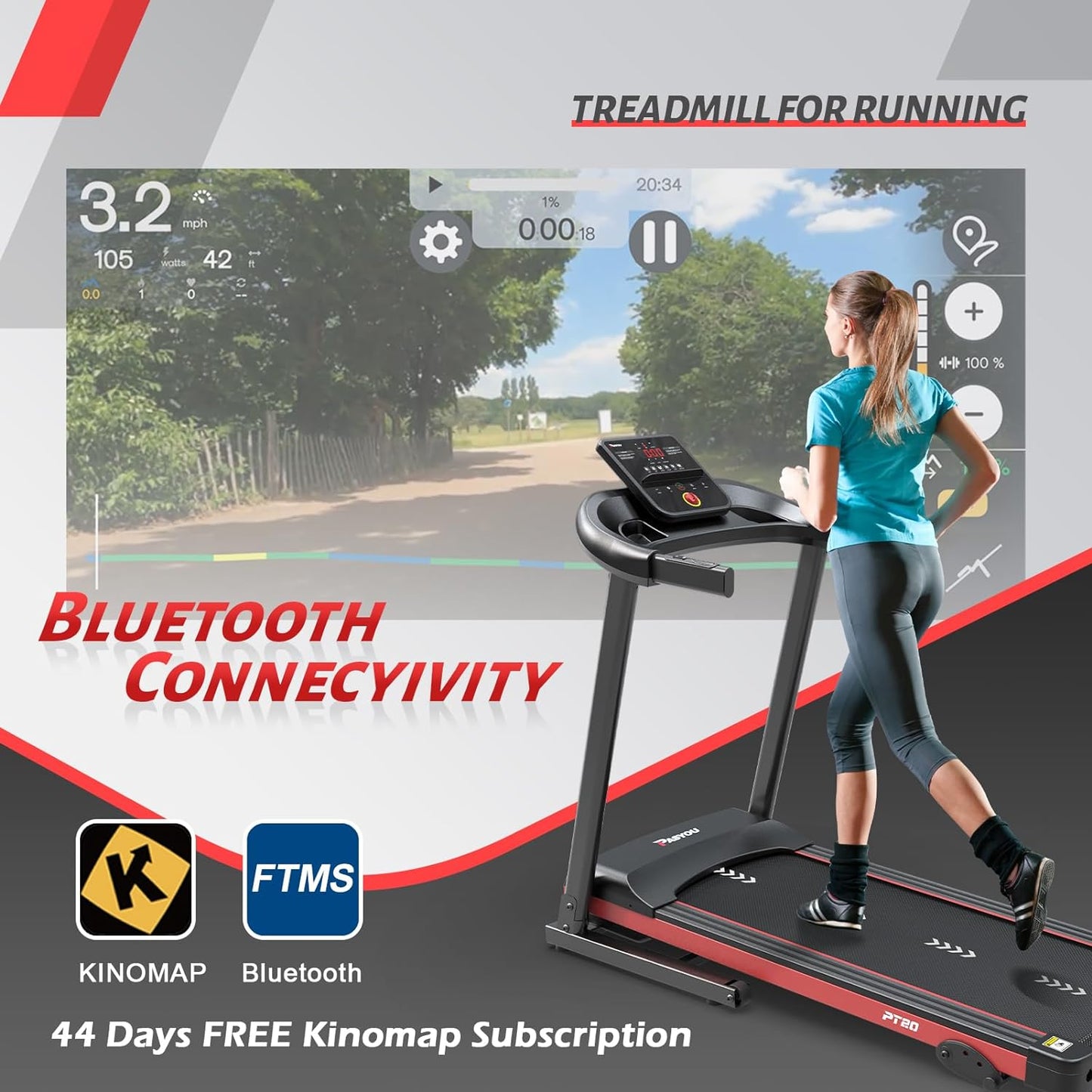 PASYOU PT20G Foldable Treadmill for Home - with Bluetooth Connectivity,Compact Treadmill with 15 Pre Programs Heart Rate Monitor Plus 44 Days Free Kinomap Membership