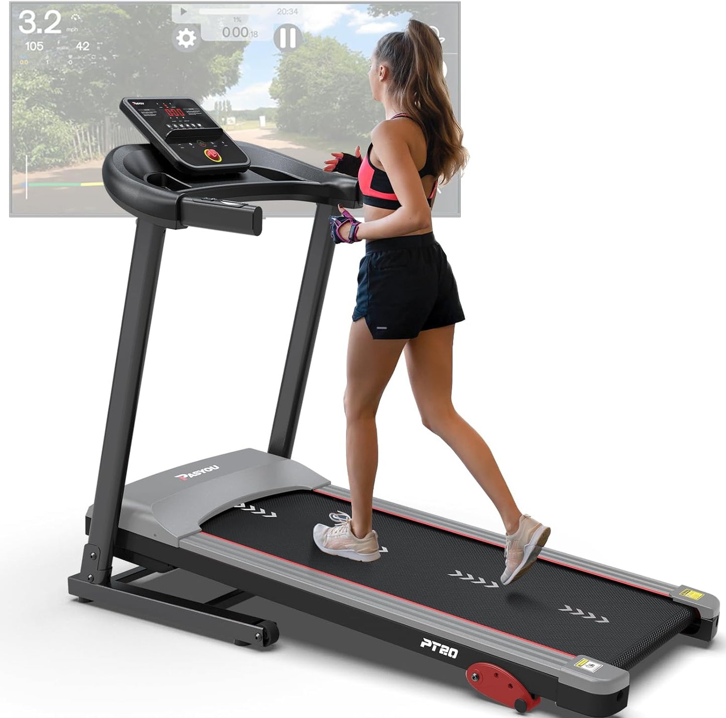 PASYOU PT20G Foldable Treadmill for Home - with Bluetooth Connectivity,Compact Treadmill with 15 Pre Programs Heart Rate Monitor Plus 44 Days Free Kinomap Membership